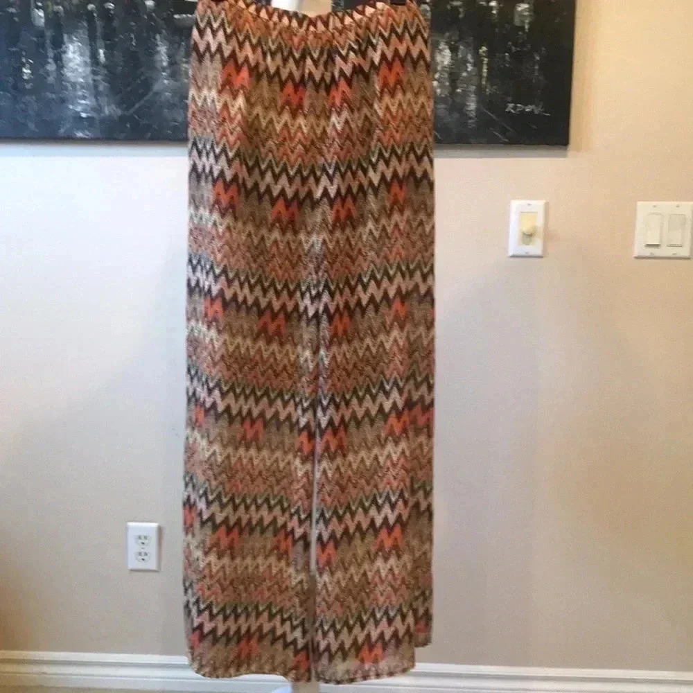 Umgee Boho Style Chevron Orange/Brown/Cream Lined Palazzo Pants w/ Pockets M